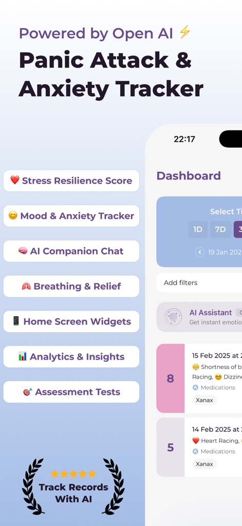 Anxiety Tracker: Mood Journal - Interfaz de la aplicación Rastreador de Ansiedad mostrando una lista de funciones como compañero de IA y pruebas de evaluación junto con un panel de registros recientes de estado de ánimo.