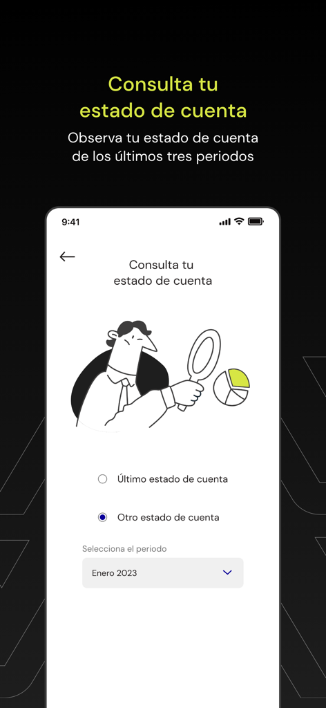 Lucard MX - Lucard MX app screen for checking account statements with period selection and a magnifying glass illustration.