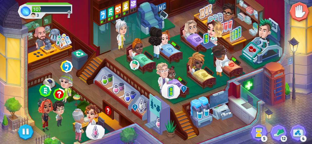 A busy and colorful hospital ward with nurses treating patients in a time management game