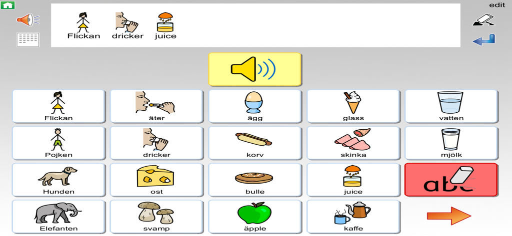 A communication board in the Widgit Go SE app featuring symbols for people, food, and drinks with a sentence building bar.