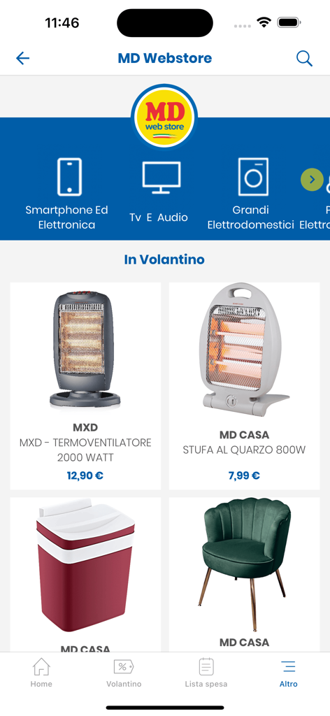 MD App Webstore-Bildschirm mit Angeboten für Elektronik und Haushaltswaren