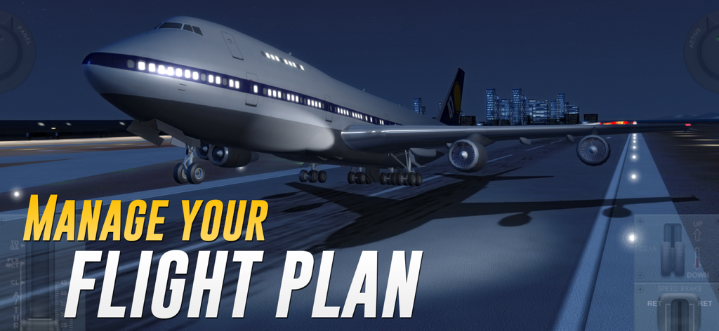 Un aereo di linea che atterra su una pista di notte con il testo gestisci il tuo piano di volo