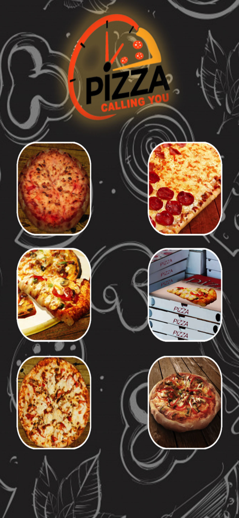 Interface of the Call Pizza app showing the logo and a selection of six different pizza photos for prank calls
