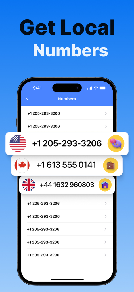 App interface showing local phone numbers for USA Canada and UK.