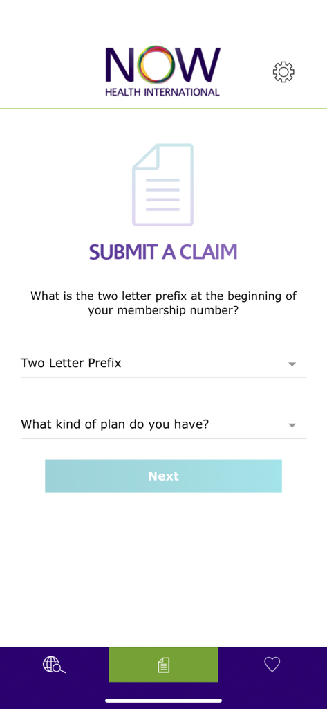 Now Health International app interface for submitting a medical insurance claim