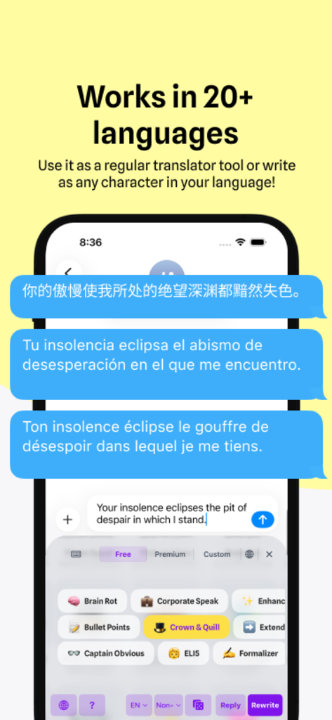 CharacterKey - AI Keyboard - Una pantalla de teléfono inteligente que muestra el teclado de IA CharacterKey traduciendo un mensaje de texto a varios idiomas como chino, español y francés.