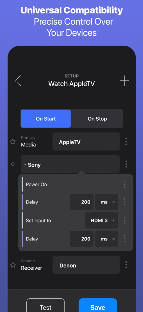 Roomie Remote app interface showing custom activity configuration with power and input commands for Apple TV Sony and Denon devices