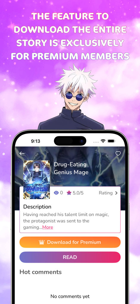 Manga Webtoon: Endless Stories - Mobile app screen displaying manga details with a premium download button and anime character illustration
