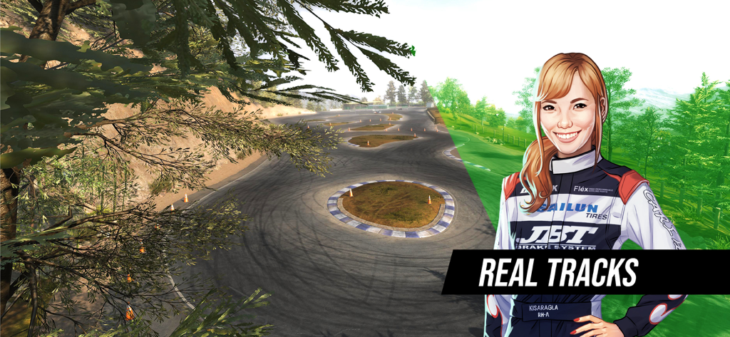 Torque Drift - Un personaje femenino de carreras de pie frente a una pista de drifting realista en el juego móvil Torque Drift.