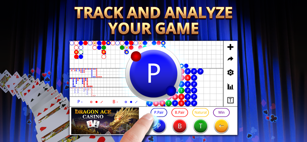 Baccarat Scoreboard app interface showing game pattern tracking and hand input buttons
