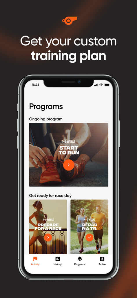 Running Coach - Run & Walk - Running Coach app interface showing custom training plans for running and race preparation.