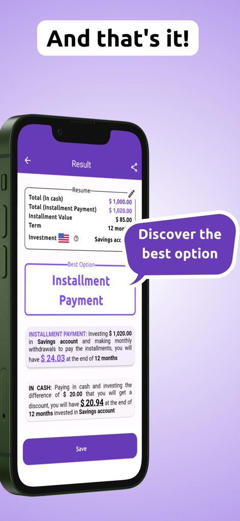 Comparison screen of Cash Versus app recommending installment payment over cash