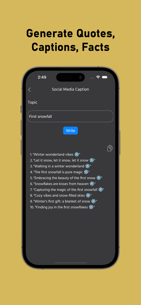 Tela do smartphone exibindo um assistente de escrita de IA gerando várias legendas com tema de inverno para mídias sociais