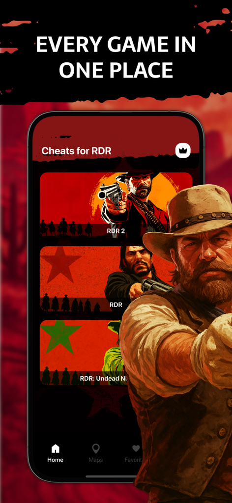 Selection menu for Red Dead Redemption series cheat codes and maps on a mobile app