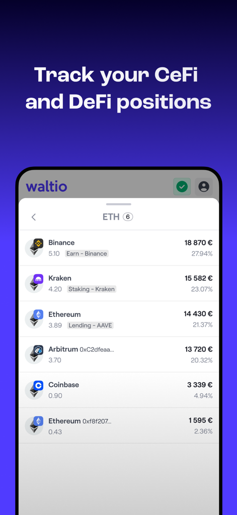 Waltio: Crypto Portfolio & Tax - Interfaz de la aplicación Waltio que muestra posiciones de Ethereum en Binance, Kraken y varias plataformas DeFi