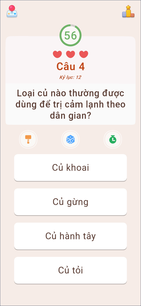 Đố Vui Hại Não - Siêu Trí Tuệ - Gameplay screen of a Vietnamese trivia app showing a question about traditional folk medicine with multiple choice answers.
