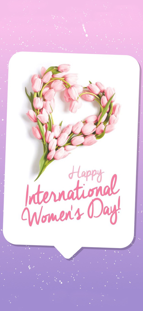 Greetify eCards,Birthday cards - Um cartão de felicitações digital para o Dia Internacional da Mulher com um coração feito de tulipas cor-de-rosa em um fundo cor-de-rosa e roxo.
