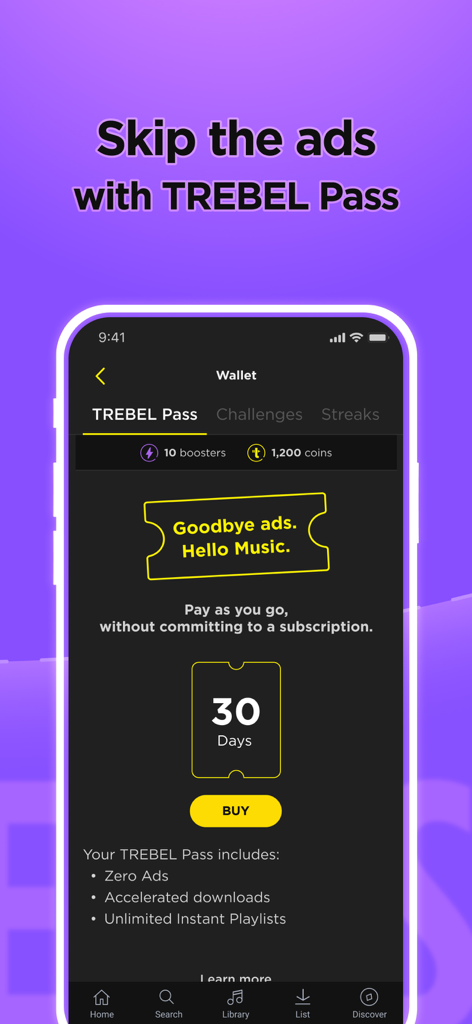 TREBEL Music app interface showing TREBEL Pass for ad free music