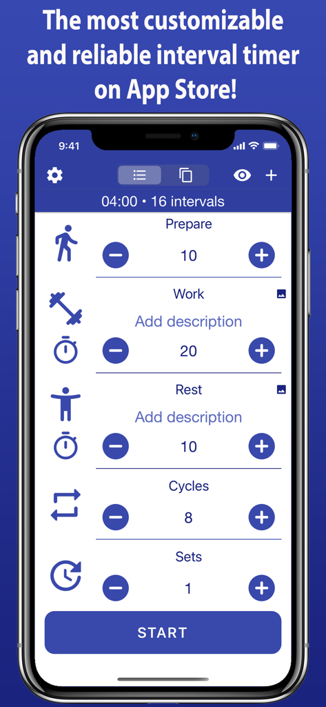 Customizable workout setup screen in the Tabata Timer app.