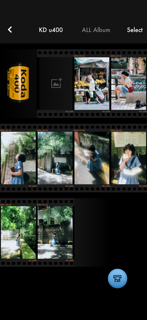inFi Cam - Vintage film camera - InFi Cam app interface showing a photo gallery with KD u400 vintage film effects and analog style film strip borders