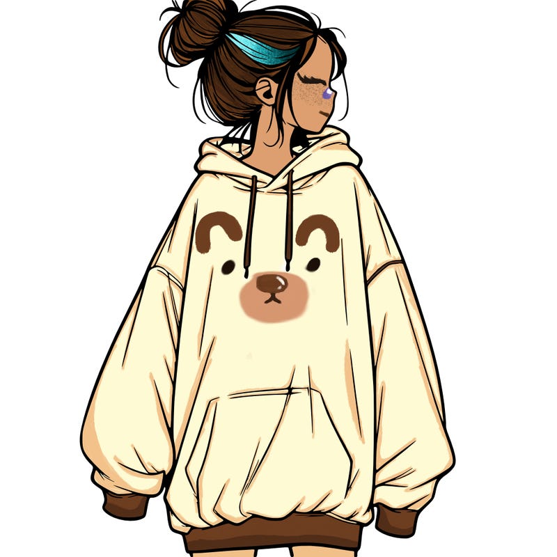 realistic girl with a oversized sweatshirt on and a bun