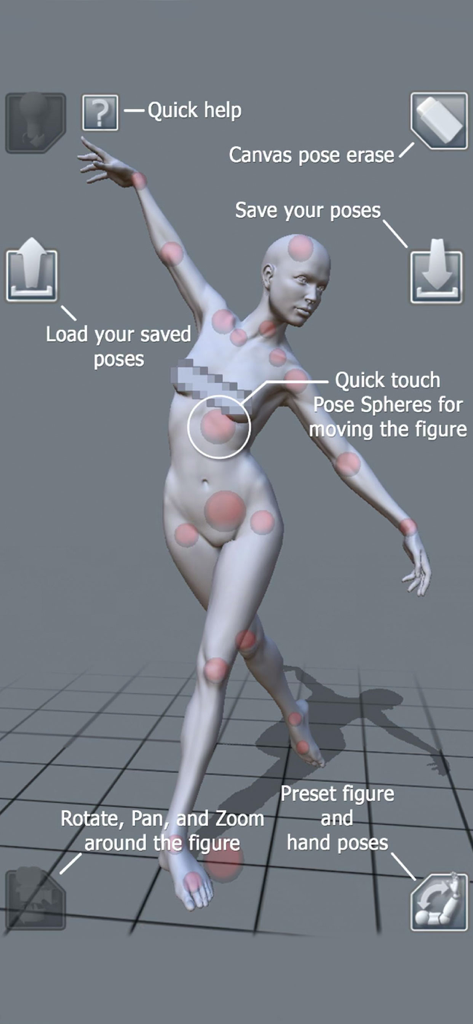 ArtPose Female Edition - Interface of ArtPose Female Edition showing a 3D model with interactive pose spheres and feature labels