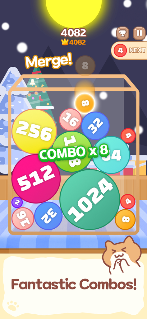 Gameplay screenshot of Melon Maker Merge Fruits showing colorful numbered bubbles merging with a fantastic combo bonus in a casual puzzle game.