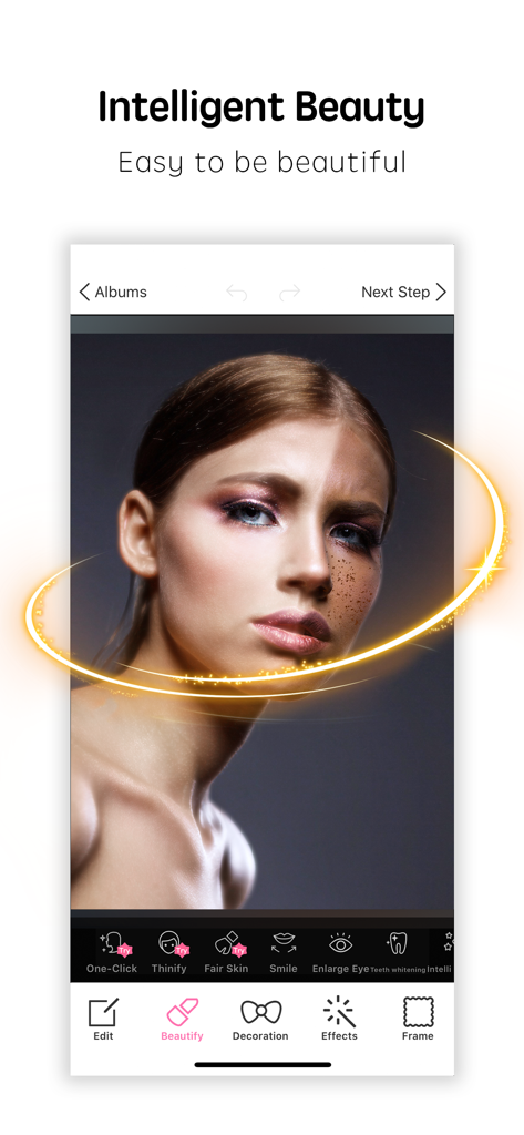 Photo Wonder app screenshot displaying intelligent beauty retouching features with a split face comparison.