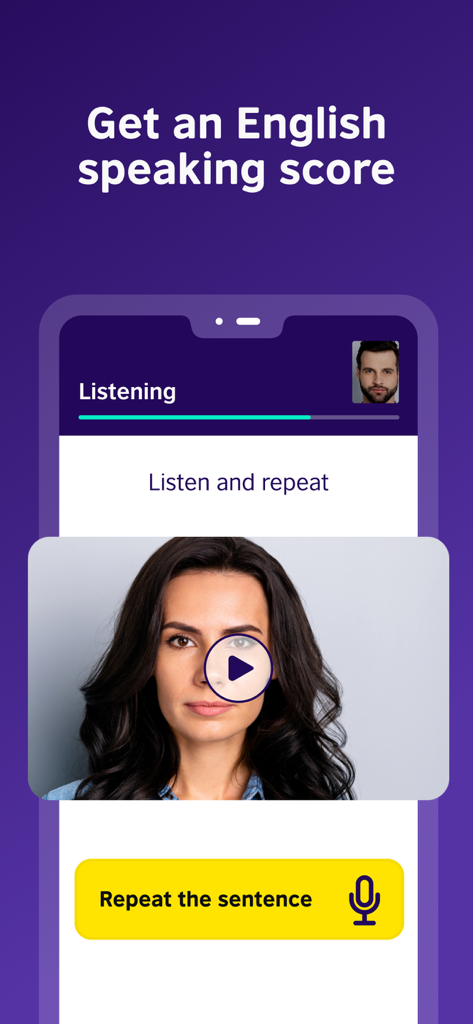 Interfaccia dell'app EnglishScore per un test di parlato con un esercizio di ascolto e ripetizione