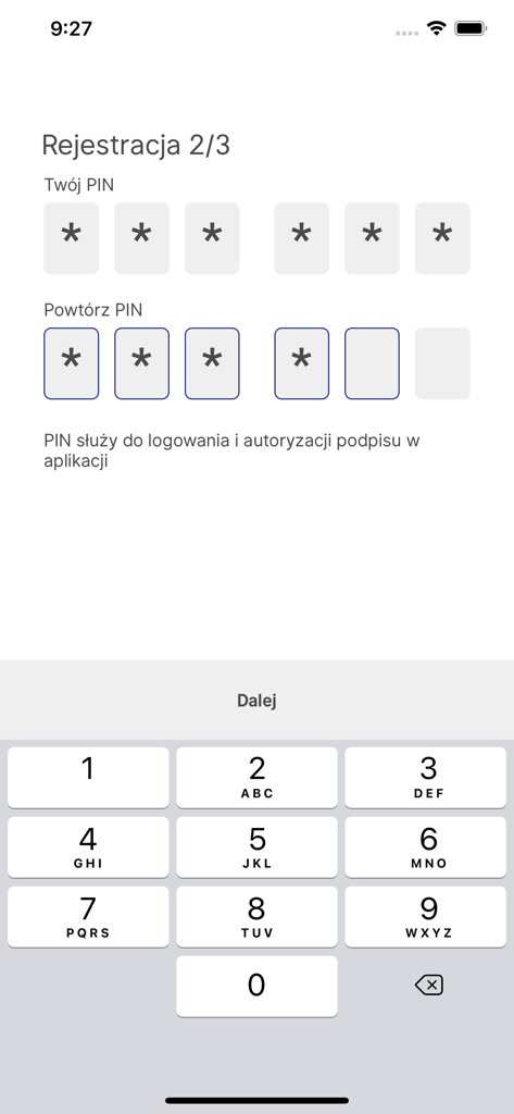 Pantalla de registro para configurar un PIN de seguridad en la aplicación mSzafir