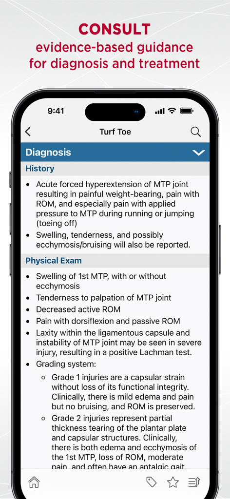Uma tela de diagnóstico clínico para Turf Toe no aplicativo 5 Minute Sports Med Consult mostrando detalhes de histórico e exame físico