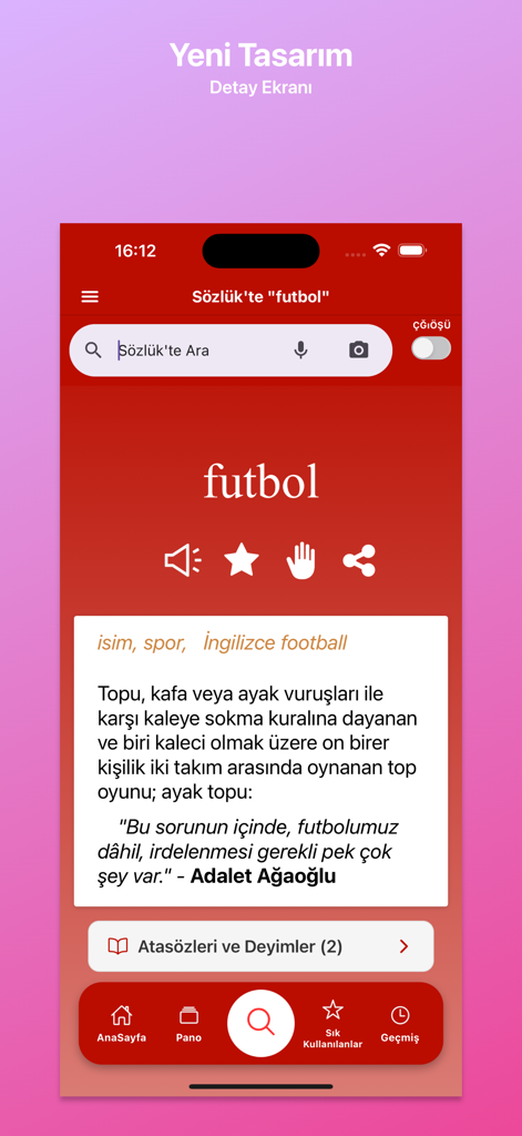 Tela de definição do aplicativo Dicionário Turco TDK para a palavra 'futbol'
