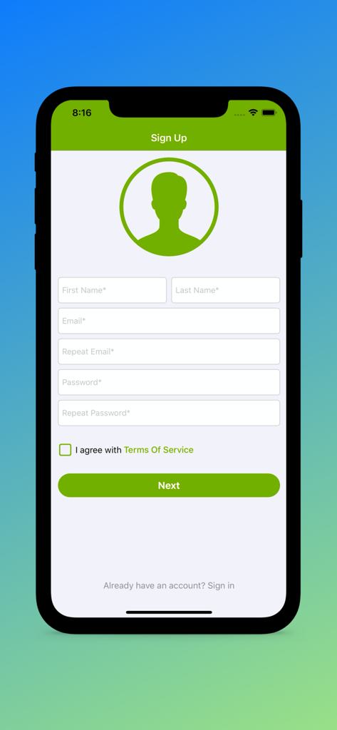 Pantalla de registro de la aplicación móvil Pipol Pay con formulario de registro para datos personales