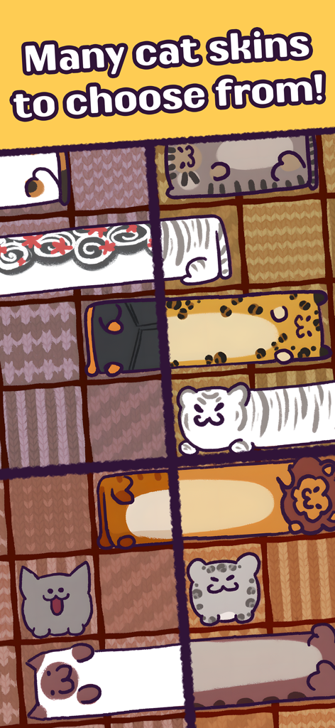 Neko Sliding: Cat Puzzle - A variety of colorful and cute cat skins shown within the sliding block puzzle grid.