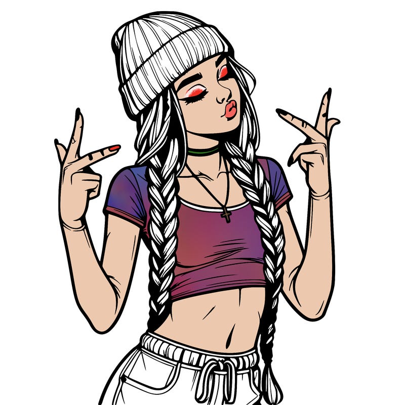 realistic teenage girl with braids and a beanie and crop top doing 🫶🏼