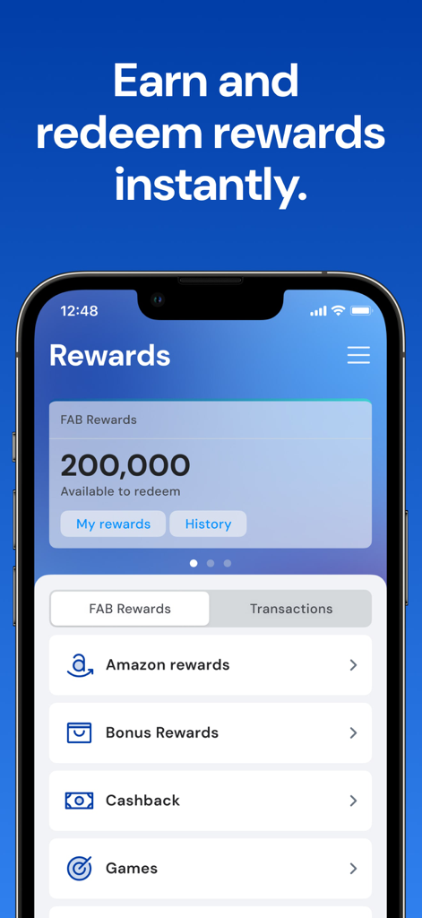Schermata premi dell'app FAB Mobile Banking che mostra punti disponibili e opzioni di riscatto come Amazon e cashback.