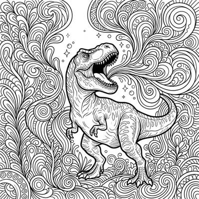 Experience a prehistoric roar like never before with this unique psychedelic T-Rex coloring page. Dive into a world where a mighty dinosaur's sound waves transform into mesmerizing, swirling patterns awaiting your artistic touch.