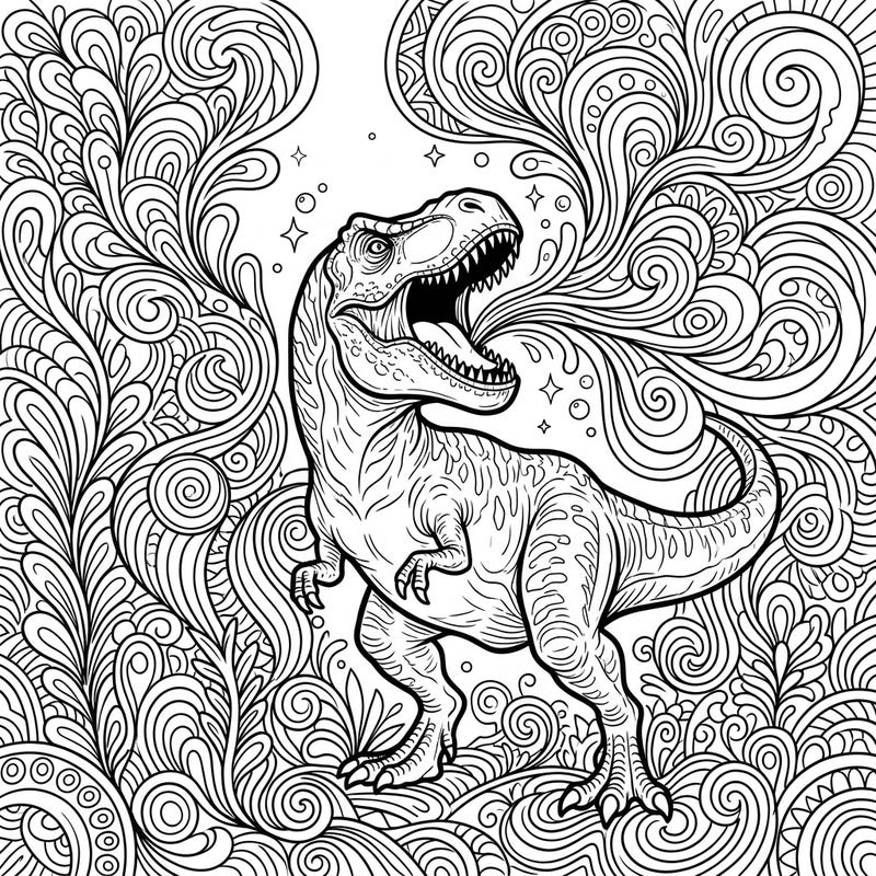 Experience a prehistoric roar like never before with this unique psychedelic T-Rex coloring page. Dive into a world where a mighty dinosaur's sound waves transform into mesmerizing, swirling patterns awaiting your artistic touch.