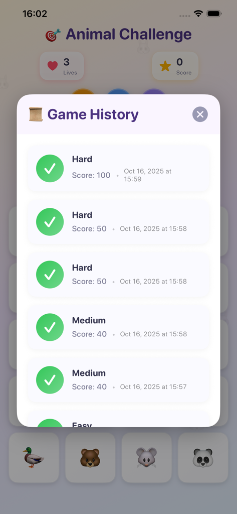 Tugomchi - Tugomchiアプリのゲーム履歴画面。動物チャレンジのスコアと難易度レベルが表示されています。
