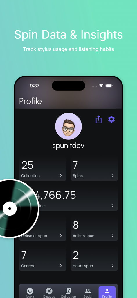 Spun It – Track & Share Spins - A mobile screen showing the Spun It app user profile with vinyl collection statistics and listening habits data