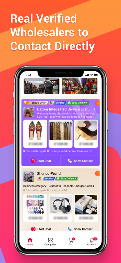 Mobile screen of the Egatee app featuring verified wholesalers for direct contact and bulk shopping