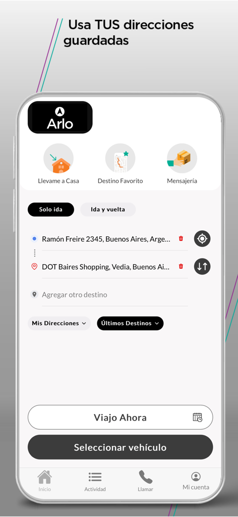 Arlo - Interface do aplicativo móvel Arlo mostrando opções para reservar uma corrida profissional com endereços salvos e seleção de veículo.