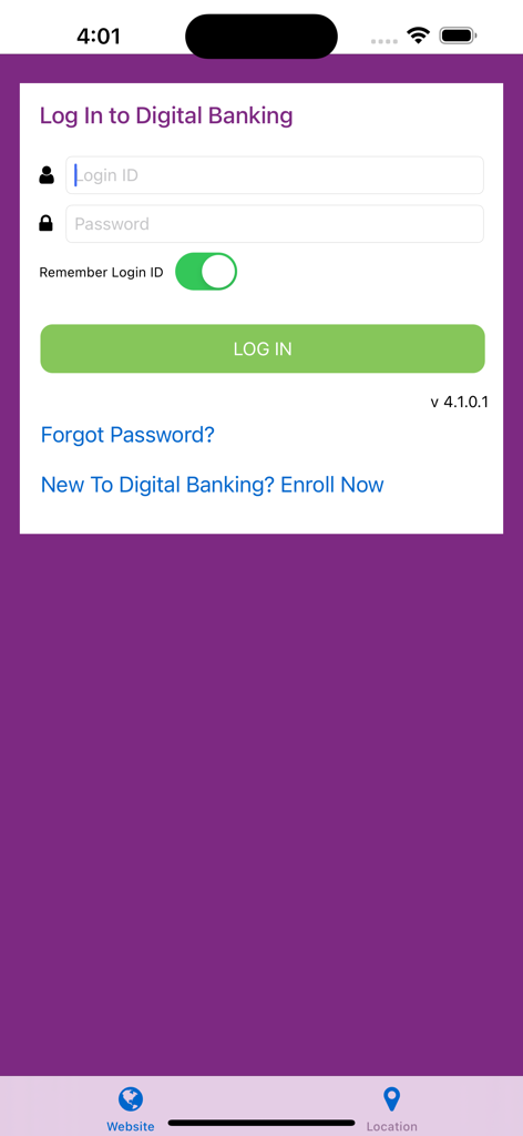 AffinityPlus mobile banking login screen with fields for login ID and password