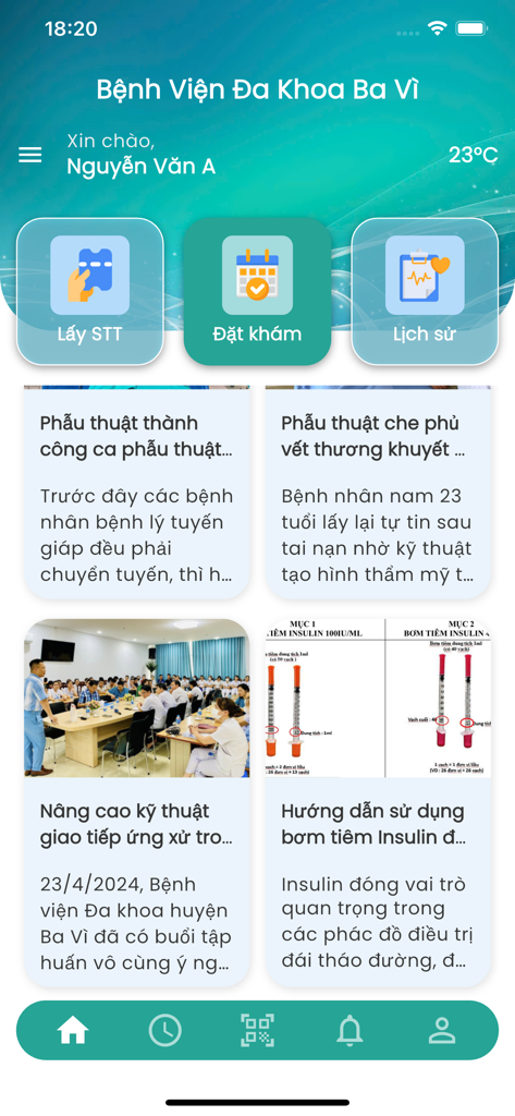 Bệnh viện Đa Khoa Ba Vì - Interface of the Ba Vi General Hospital app showing medical service options and health articles