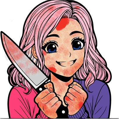 a realistic girl holding a knife and grinning
