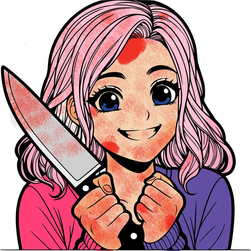 a realistic girl holding a knife and grinning