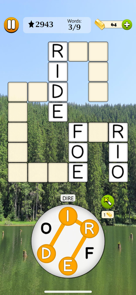Word Tangle - Word Game - A screenshot of Word Tangle showing a crossword puzzle with a letter wheel over a scenic lake background.