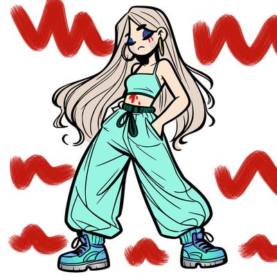 girl in baggy pants crop top and long hair
