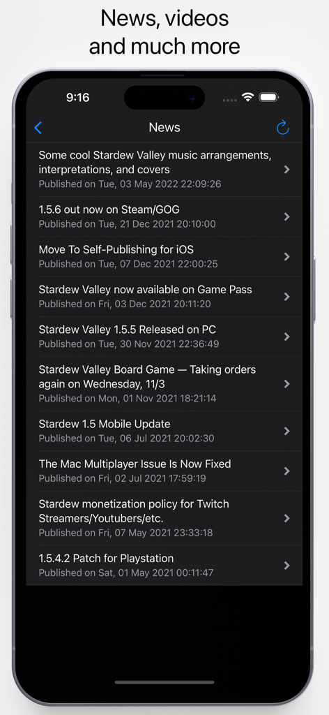 Database for Stardew Valley - A smartphone screen displaying a list of news and updates for the game Stardew Valley