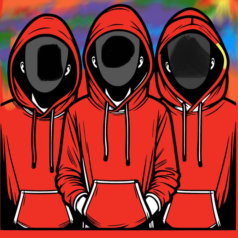 3 faceless people in  hoodies